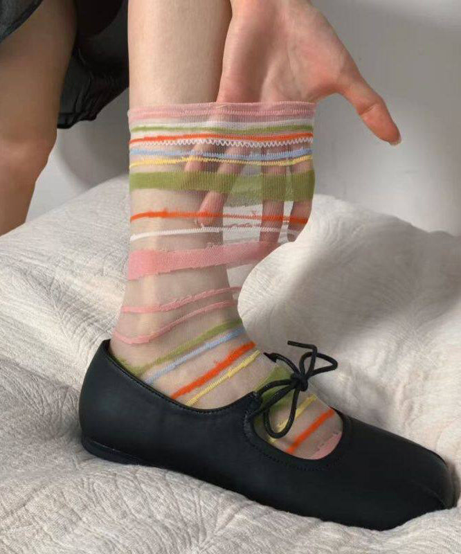 Sweet Contrasting Dopamine Striped Mid Calf Socks Comfort Breathability