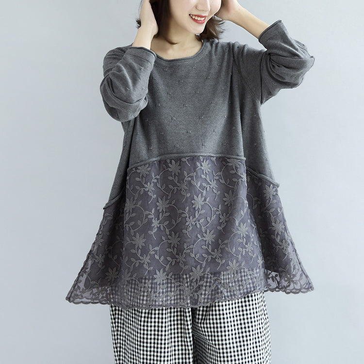 Süße Spitze Patchwork Baumwolle Strickpullover grau Pullover Stricktops