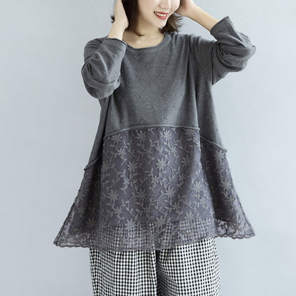 Süße Spitze Patchwork Baumwolle Strickpullover grau Pullover Stricktops