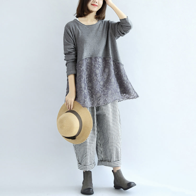 Süße Spitze Patchwork Baumwolle Strickpullover grau Pullover Stricktops