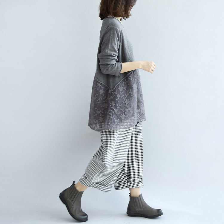 Süße Spitze Patchwork Baumwolle Strickpullover grau Pullover Stricktops
