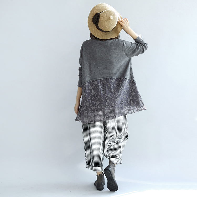 Süße Spitze Patchwork Baumwolle Strickpullover grau Pullover Stricktops