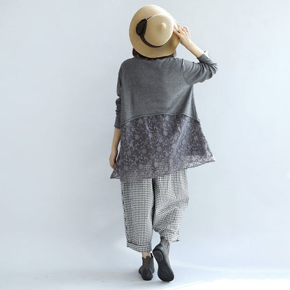 Süße Spitze Patchwork Baumwolle Strickpullover grau Pullover Stricktops