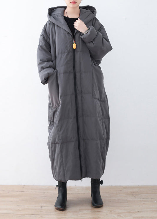 Begrenzte Menge - Grauer warmer Daunenmantel, Übergröße, Parka, dicke Maxi-Strickjacke mit Kapuze