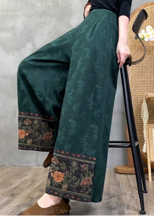 Teegrüne, gerade geschnittene Jacquard-Baumwollhose mit Stickereien