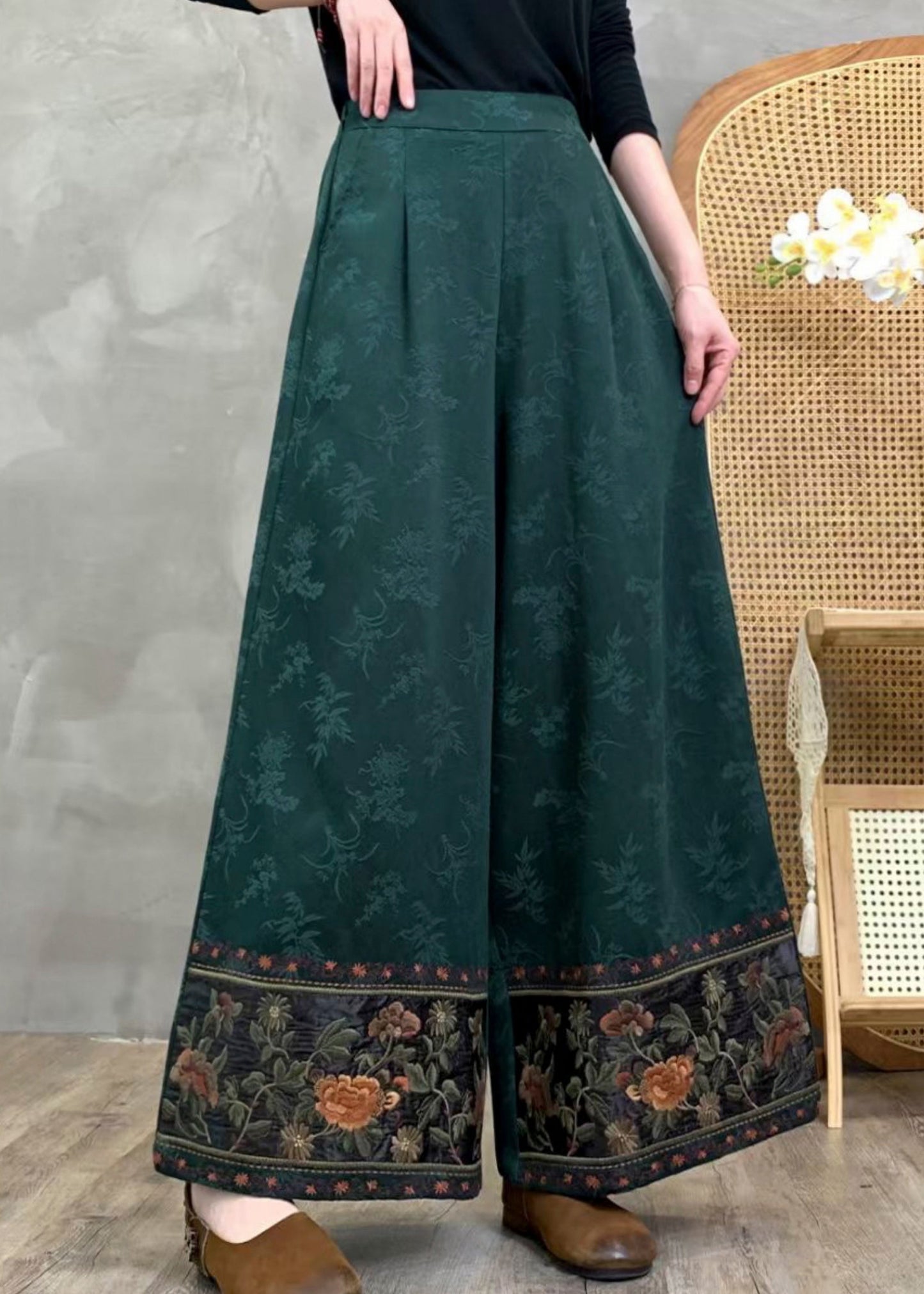 Tea Green Jacquard Cotton Straight Pants Embroidered Spring