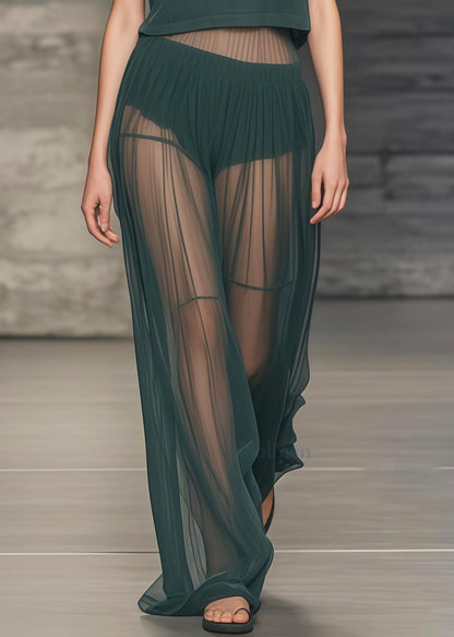 Tea Green Patchwork Tulle Sheer Two Piece Set Women Clothing Summer