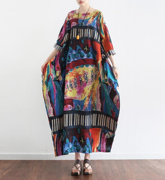 Leinenkleider mit „The Secret World“-Print, übergroße Kaftane, Baumwollkleid für den Herbst 2024