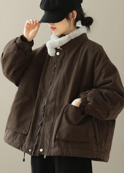 Thick Chocolate Outwear Stand Collar Zippered Outwear - SooLinen