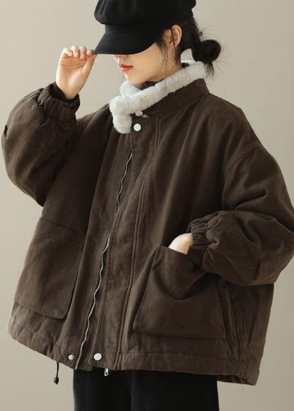Thick Chocolate Outwear Stand Collar Zippered Outwear - SooLinen