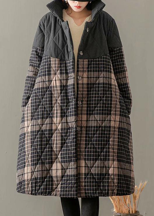 Thick Gray Plaid Coats Plus Size Clothing Coats Stand Collar Button Down outwear - SooLinen
