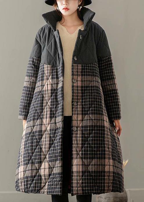 Thick Gray Plaid Coats Plus Size Clothing Coats Stand Collar Button Down outwear - SooLinen