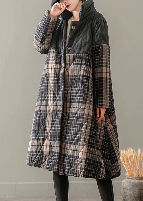 Thick Gray Plaid Coats Plus Size Clothing Coats Stand Collar Button Down outwear - SooLinen