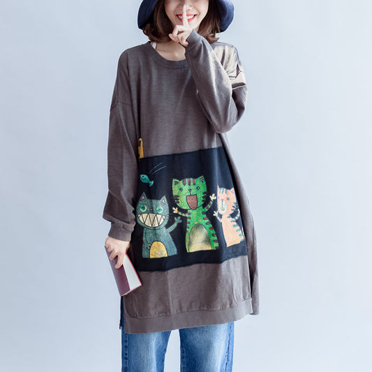 Baumwollkleider mit drei glücklichen Katzen-Print, übergroßes Sweatkleid, Pullover