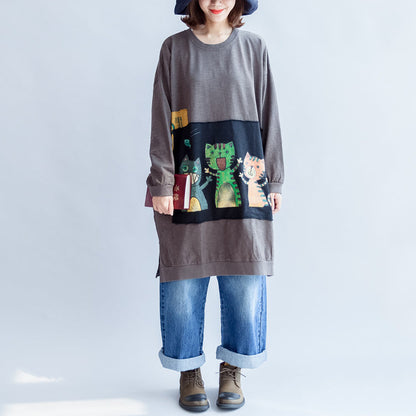 Baumwollkleider mit drei glücklichen Katzen-Print, übergroßes Sweatkleid, Pullover