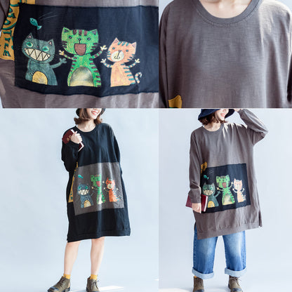 Baumwollkleider mit drei glücklichen Katzen-Print, übergroßes Sweatkleid, Pullover