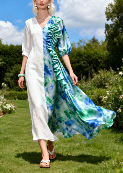 Tie Dye Patchwork Silk Vacation Dresses Ruffled Asymmetrical Design Summer