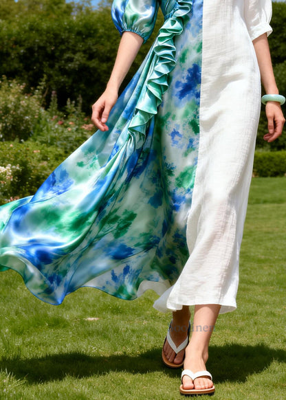 Tie Dye Patchwork Silk Vacation Dresses Ruffled Asymmetrical Design Summer