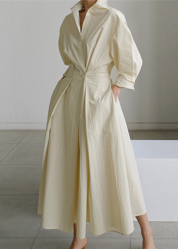 2024 Grünes Baumwollkleid mit Peter-Pan-Kragen und Taschen, lange Ärmel