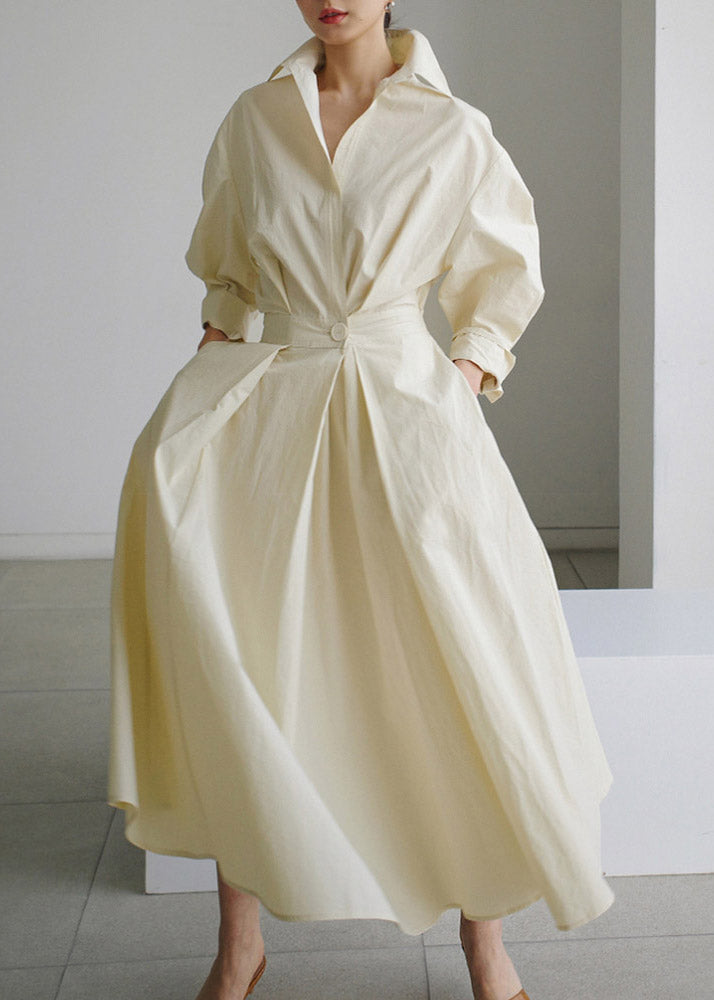 2024 Beige-rote Blume Peter Pan Kragen Taschen Baumwolle Kleid Langarm