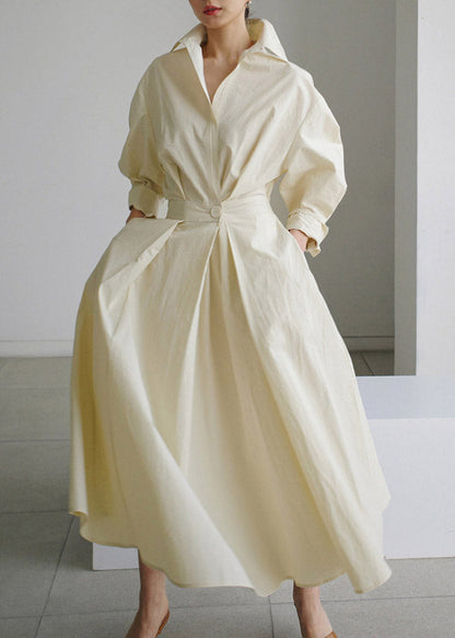 2024 Dark blue Peter Pan Collar Pockets Cotton Dress Long Sleeve