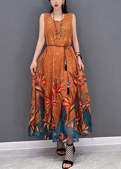 2022 Orange O-Neck Chiffon Long Beach Dresses Sleeveless