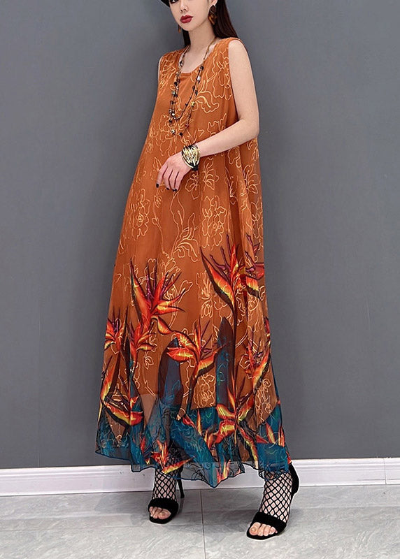 2022 Orange O-Neck Chiffon Long Beach Dresses Sleeveless
