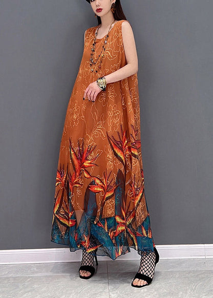 2022 Orange O-Neck Chiffon Long Beach Dresses Sleeveless