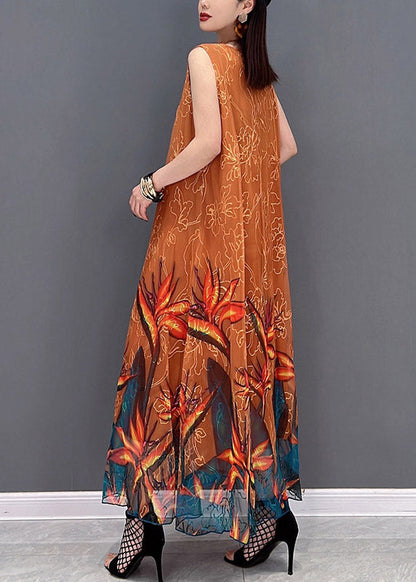 2022 Orange O-Neck Chiffon Long Beach Dresses Sleeveless
