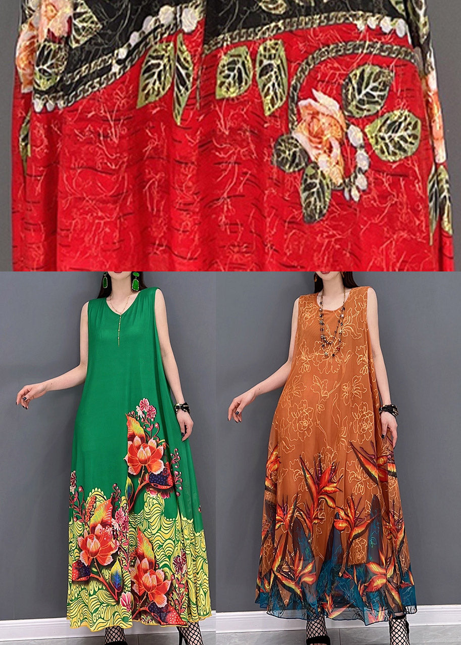 2022 Orange O-Neck Chiffon Long Beach Dresses Sleeveless