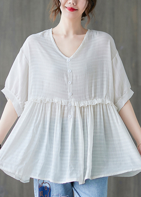 2022 White V Neck Ruffled Tank Tops Short Sleeve