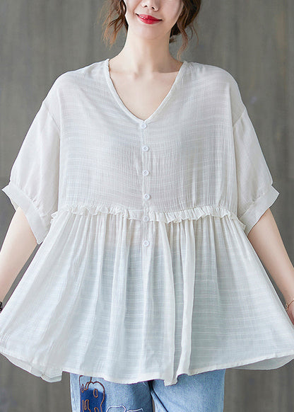 2022 White V Neck Ruffled Tank Tops Short Sleeve