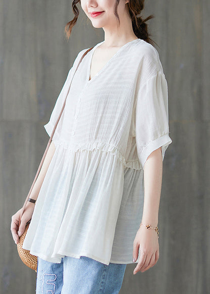 2022 White V Neck Ruffled Tank Tops Short Sleeve