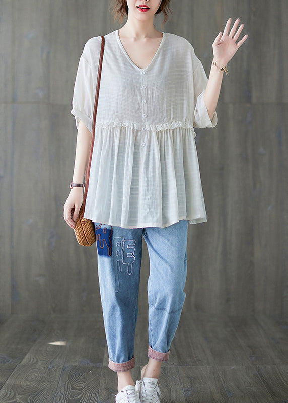 2022 White V Neck Ruffled Tank Tops Short Sleeve