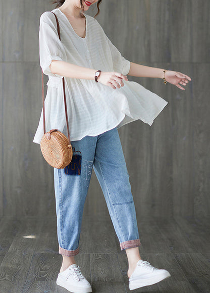 2022 White V Neck Ruffled Tank Tops Short Sleeve