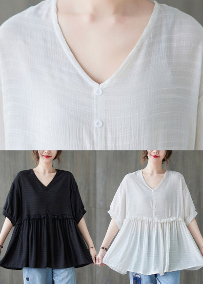 2022 White V Neck Ruffled Tank Tops Short Sleeve