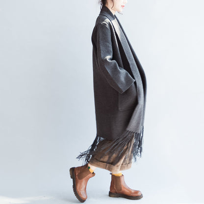 Feine graue Kaschmirmäntel mit Quastensaum, Wolljacken, lange Strickjacken, warme