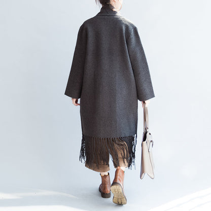 Feine graue Kaschmirmäntel mit Quastensaum, Wolljacken, lange Strickjacken, warme