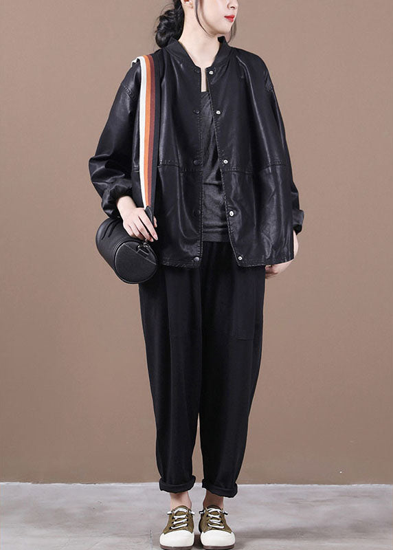 Trendy Schwarz PU Lose Knopf Herbst Mäntel Langarm