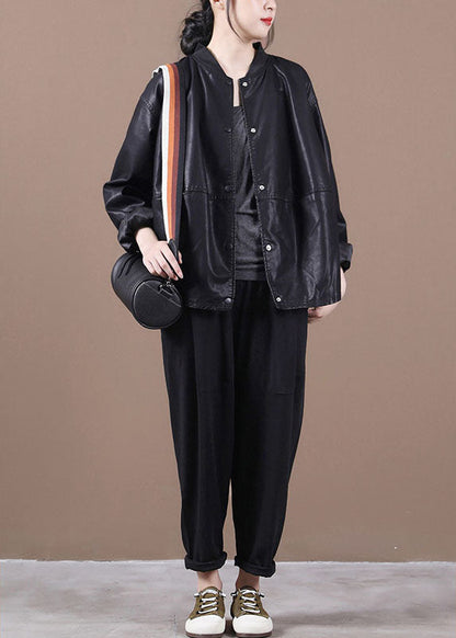 Trendy Schwarz PU Lose Knopf Herbst Mäntel Langarm