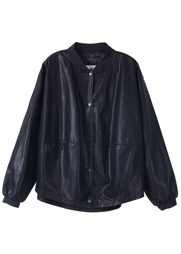 Trendy Schwarz PU Lose Knopf Herbst Mäntel Langarm
