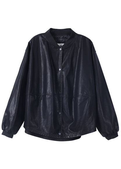 Trendy Schwarz PU Lose Knopf Herbst Mäntel Langarm
