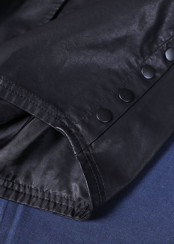 Trendy Schwarz PU Lose Knopf Herbst Mäntel Langarm