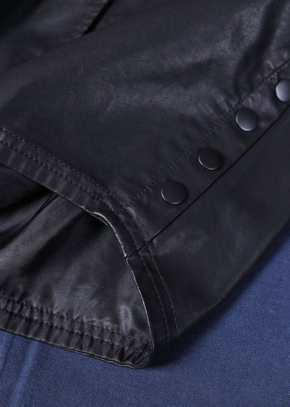 Trendy Schwarz PU Lose Knopf Herbst Mäntel Langarm