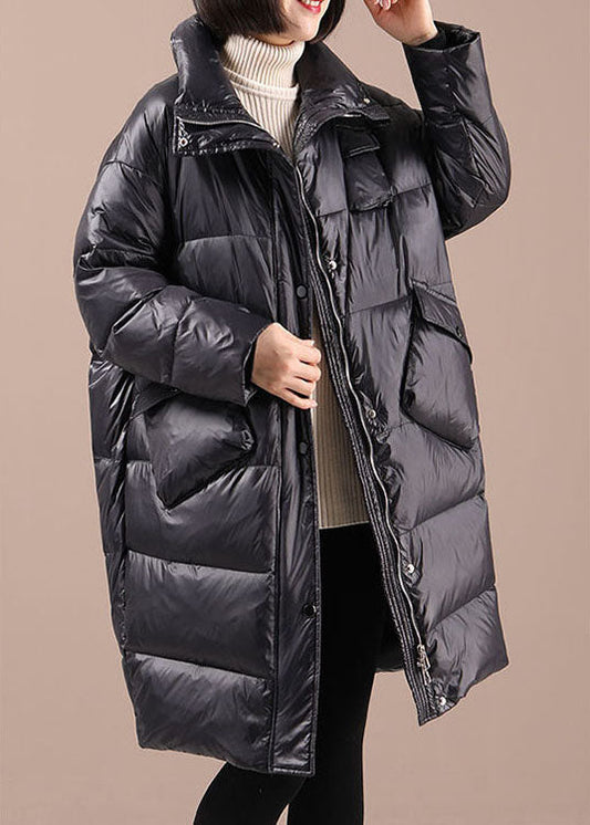 Trendy Schwarzer Wintermantel mit Reißverschluss und Knopfleiste