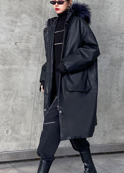 Trendy Schwarz kapuze Pelz kragen Taschen Dicken Winter Baumwolle PU frauen Parka