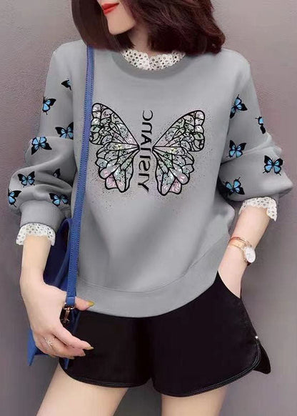 Trendy Grau Spitze Patchwork Print Lässiges Herbst Sweatshirt Streetwear