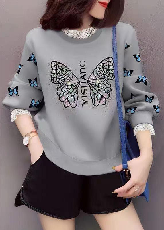 Trendy Grau Spitze Patchwork Print Lässiges Herbst Sweatshirt Streetwear
