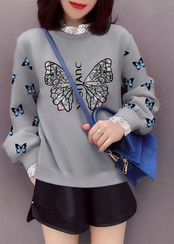 Trendy Grau Spitze Patchwork Print Lässiges Herbst Sweatshirt Streetwear