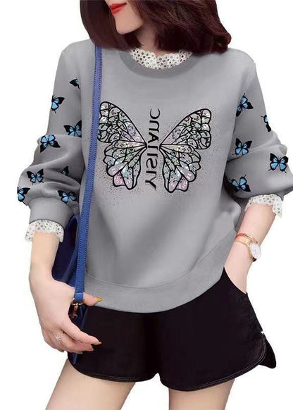 Trendy Grau Spitze Patchwork Print Lässiges Herbst Sweatshirt Streetwear